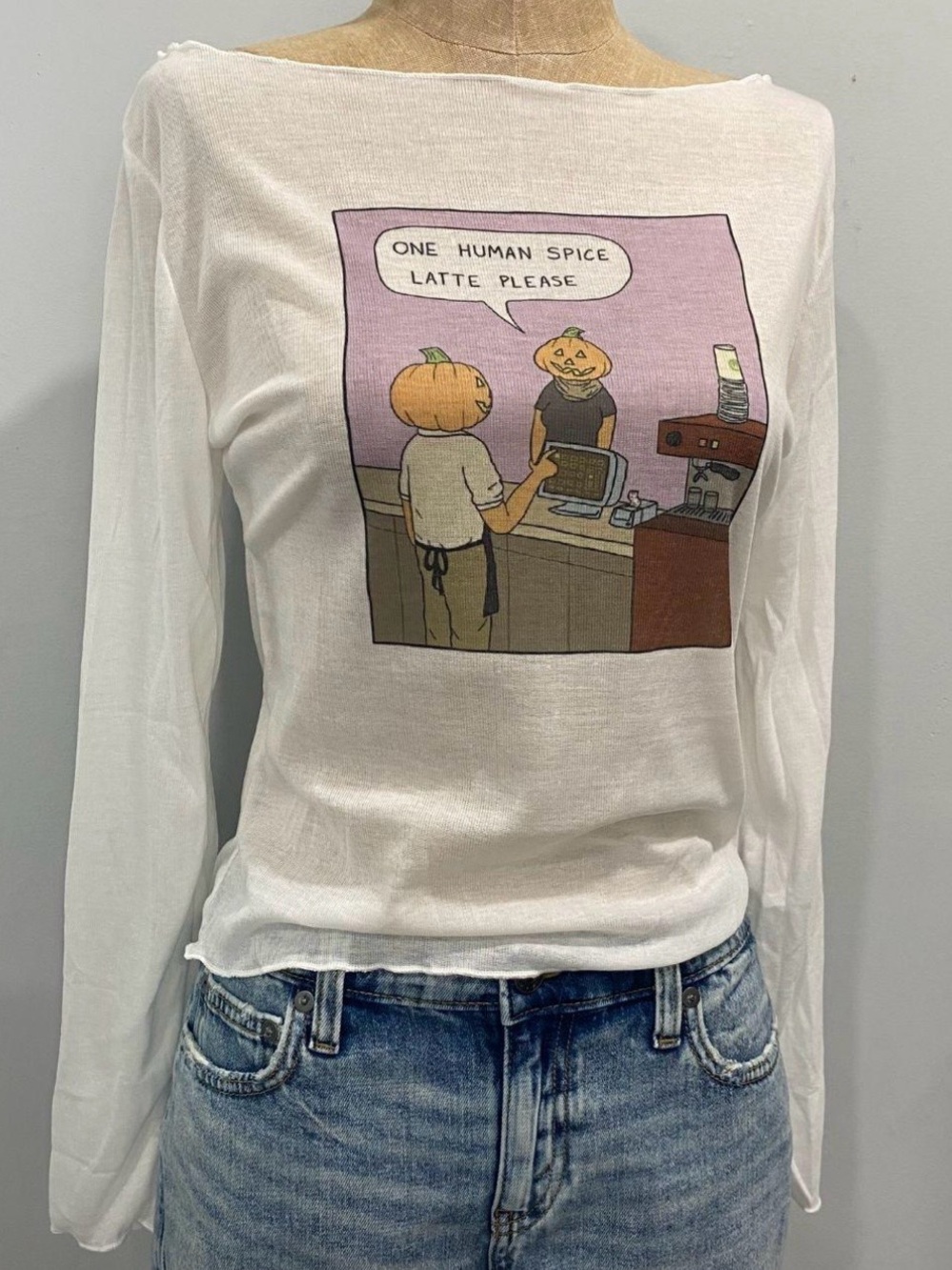 White Long Sleeve Pumpkin Spice Cartoon Tee